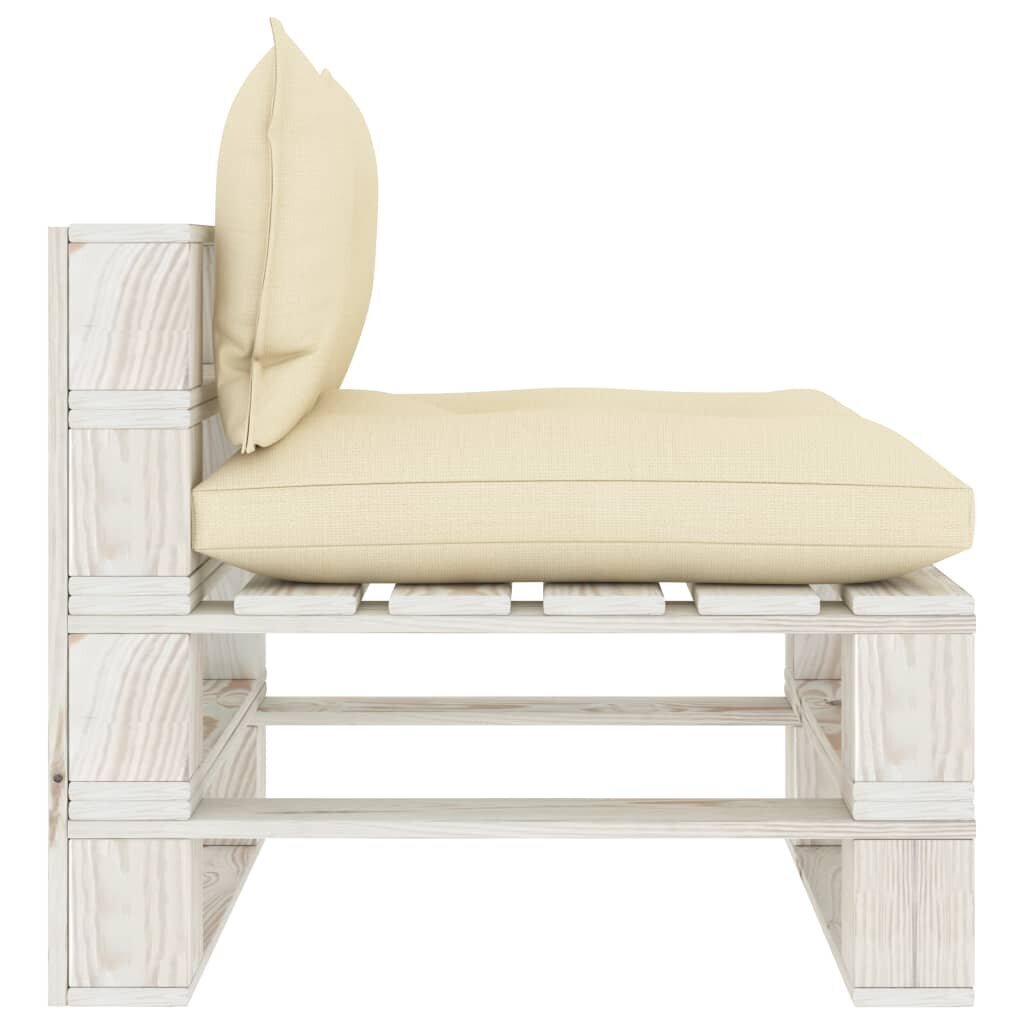 vidaXL Vidurinė sodo sofa iš palečių su kreminėmis pagalvėmis, mediena kaina ir informacija | Lauko kėdės, foteliai, pufai | pigu.lt