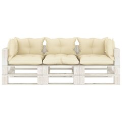 vidaXL Trivietė sodo sofa iš palečių su kreminėmis pagalvėmis, mediena kaina ir informacija | Lauko kėdės, foteliai, pufai | pigu.lt