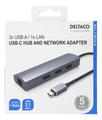 Встраиваемый концентратор Deltaco USBC-1294 USB-C, RJ45, 3xUSB-A 3.0 цена и информация | Адаптеры, USB-разветвители | pigu.lt