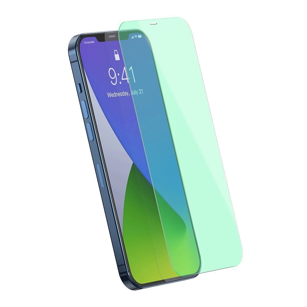 Apsauginis stiklas Baseus 2x 0,3 mm Eye Protection Full Coverage Green Tempered Glass Film with Anti Blue Light Filter, skirtas iPhone 12 Pro / iPhone 12 SGAPIPH61P-LP02 kaina ir informacija | Apsauginės plėvelės telefonams | pigu.lt