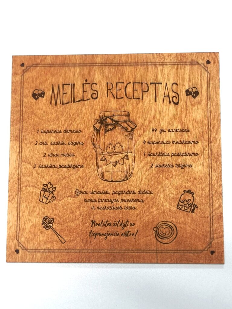 Graviruota medinė lentelė "Meilės receptas", 26 x 26cm kaina ir informacija | Kitos originalios dovanos | pigu.lt