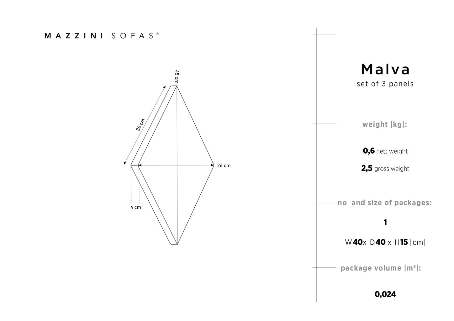 Minkštos sienų plokštės, 3 vnt., Mazzini Sofas Malva C6, pilkos kaina ir informacija | Minkštos sienų plokštės | pigu.lt