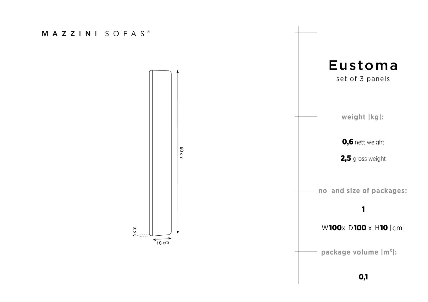 Minkštos sienų plokštės, 3 vnt., Mazzini Sofas Eustoma C1, baltos kaina ir informacija | Minkštos sienų plokštės | pigu.lt