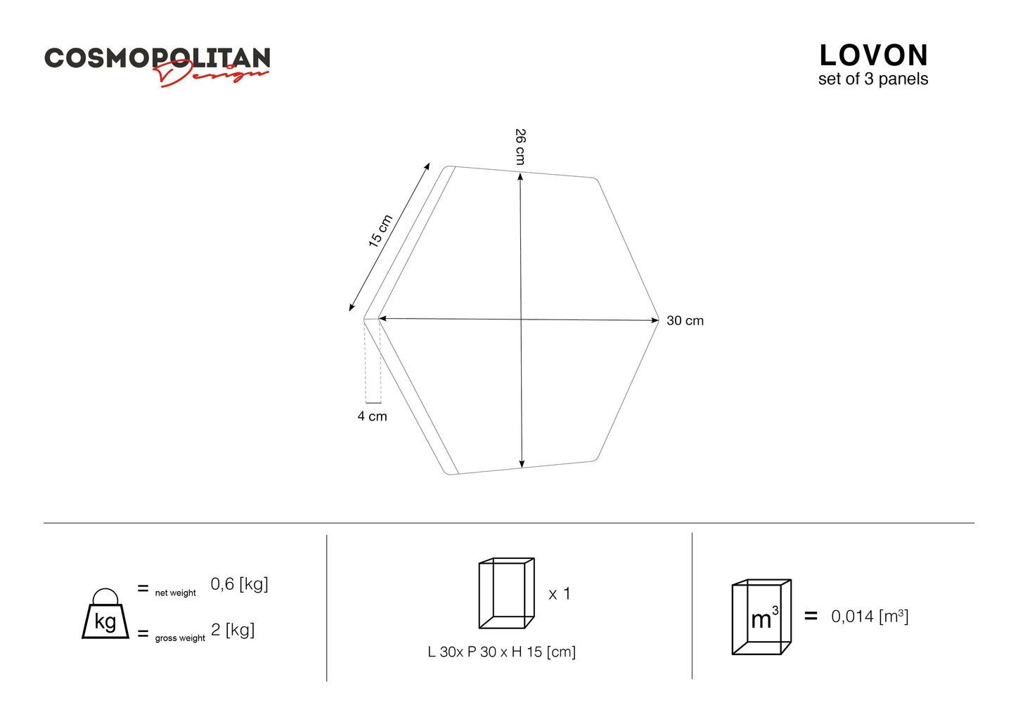 Minkštos sienų plokštės, 3 vnt., Cosmopolitan Design Lovon R3, šviesios smėlio spalvos цена и информация | Minkštos sienų plokštės | pigu.lt