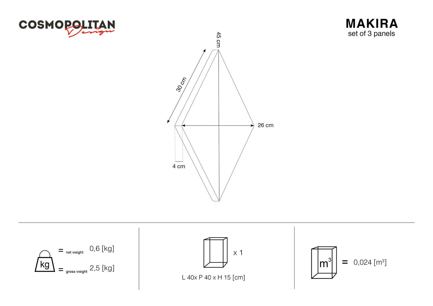 Minkštos sienų plokštės, 3 vnt., Cosmopolitan Design Makira R2, raudonos kaina ir informacija | Minkštos sienų plokštės | pigu.lt