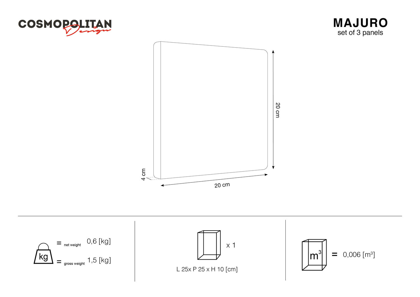 Minkštos sienų plokštės, 3 vnt., Cosmopolitan Design Majuro R1, geltonos kaina ir informacija | Minkštos sienų plokštės | pigu.lt