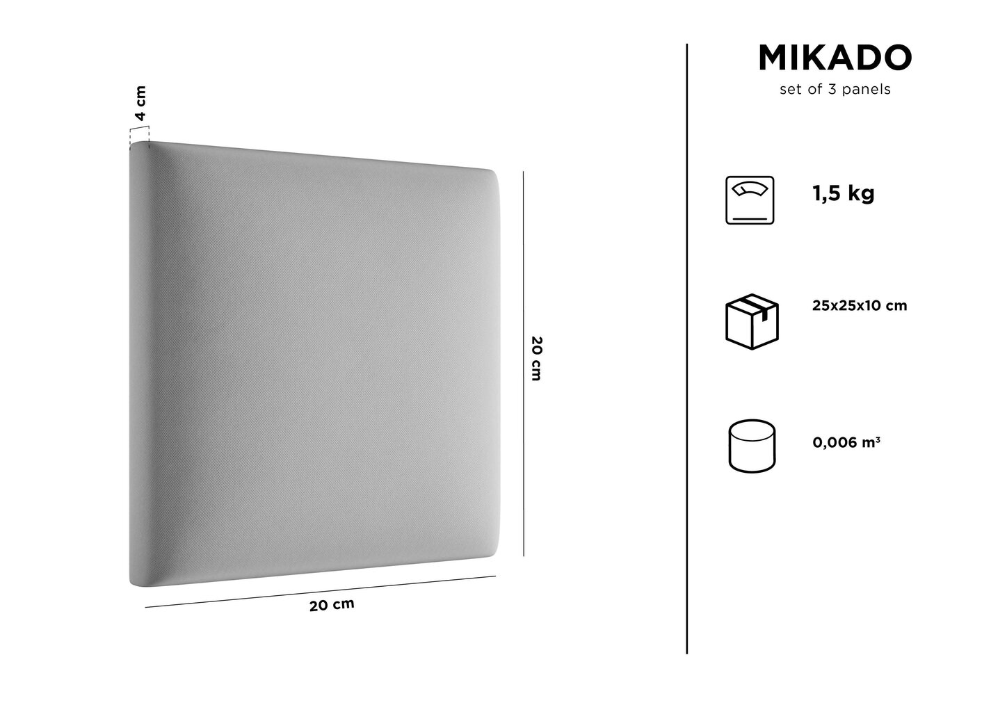 Minkštos sienų plokštės, 3 vnt., Kooko Home Mikado L5, šviesiai pilkos kaina ir informacija | Minkštos sienų plokštės | pigu.lt