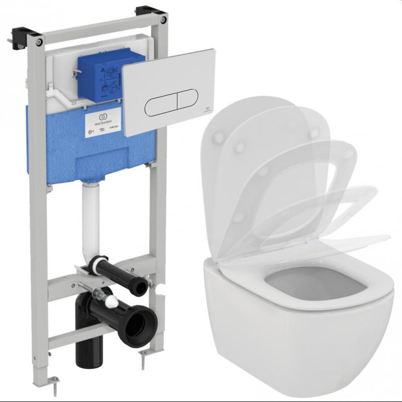 Pakabinamo WC komplektas su rėmu. Komplektą sudaro klozetas Ideal Standard Tesi AquaBlade su lėtai nusileidžiančiu dangčiu ir Prosys 120M potinkine sistema bei baltos spalvos WC mygtuku цена и информация | Klozetai | pigu.lt