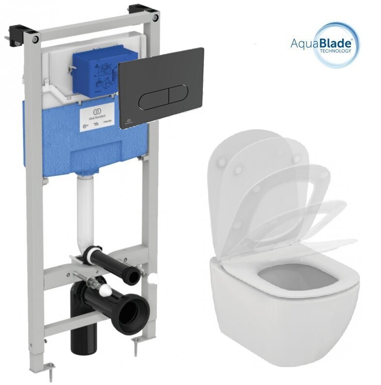 Pakabinamo WC komplektas su rėmu. Komplektą sudaro klozetas Ideal Standard Tesi AquaBlade su lėtai nusileidžiančiu dangčiu ir Prosys 120M potinkine sistema bei juodos spalvos WC mygtuku kaina ir informacija | Klozetai | pigu.lt