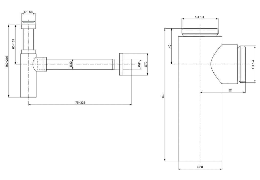 Dekoratyvinis praustuvo sifonas Ideal Standard G1 1/4" žalvarinis, chromas E0079AA kaina ir informacija | Sifonai | pigu.lt