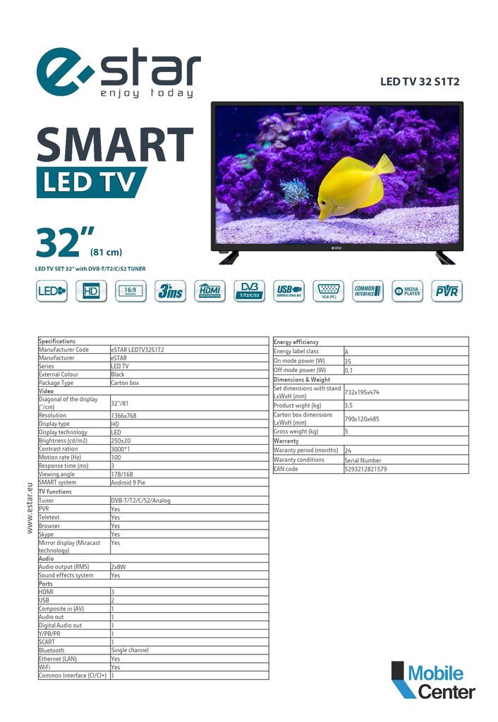 eStar LED32S1T2 kaina ir informacija | Televizoriai | pigu.lt