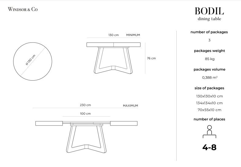 Išskleidžiamas stalas Windsor & Co Bodil, juodas kaina ir informacija | Virtuvės ir valgomojo stalai, staliukai | pigu.lt