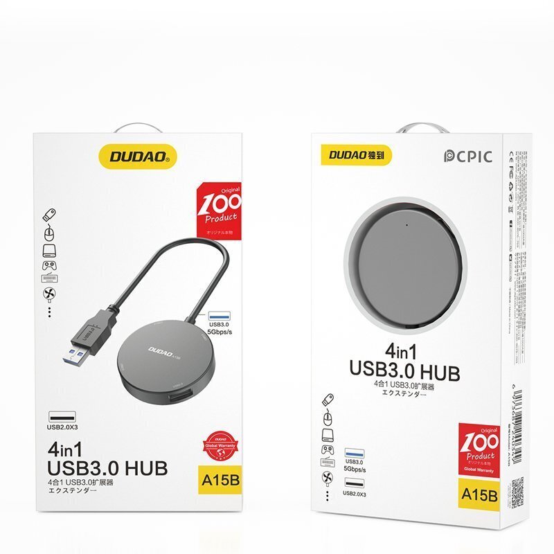 Adapteris Dudao 4in1 USB - 1x USB 3.2 Gen 1 / 3x USB 2.0 HUB adapter splitter + cable black (A15B) kaina ir informacija | Adapteriai, USB šakotuvai | pigu.lt