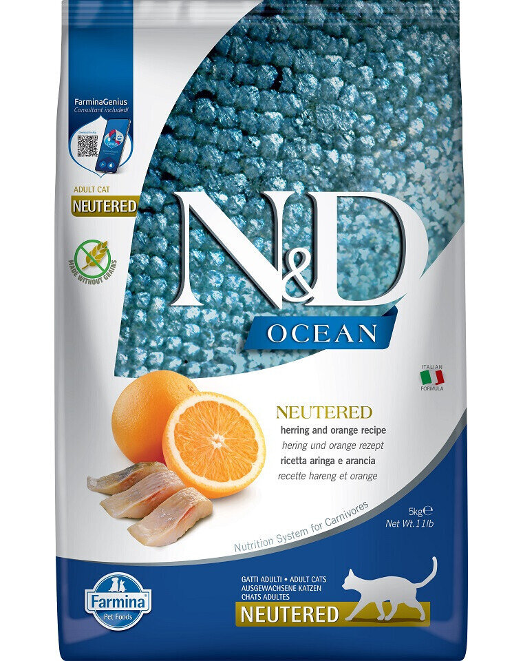 Farmina N&D Ocean Neutered sausas maistas katėms su silke ir apelsinais, 5 kg цена и информация | Sausas maistas katėms | pigu.lt