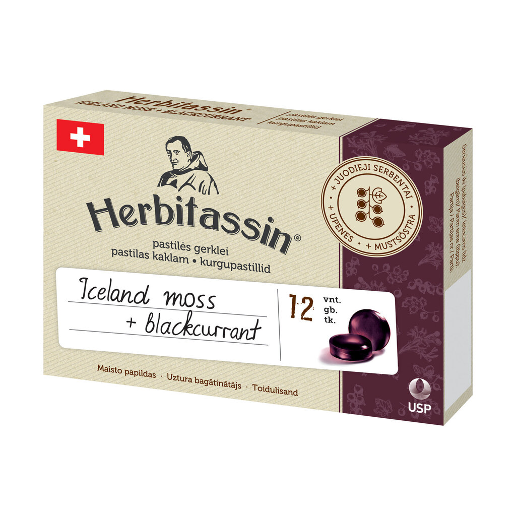 Maisto papildas Herbitassin® Iceland Moss + Blackcurrant, 12 pastilių kaina ir informacija | Vitaminai, maisto papildai, preparatai gerai savijautai | pigu.lt