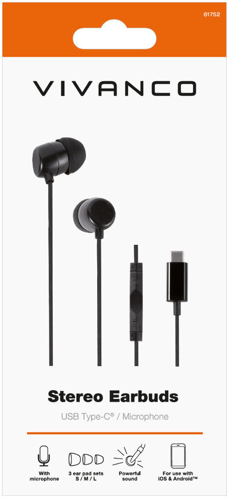 Vivanco headset Stereo Earbuds USB-C, black (61752) kaina ir informacija | Ausinės | pigu.lt