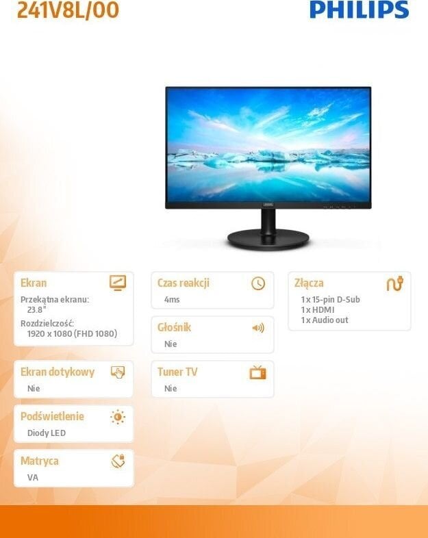 Philips 241V8L/00 kaina ir informacija | Monitoriai | pigu.lt