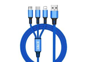 iLike CCI02BE Плетеной веревки прочный USB 3в1 Кабель USB на Micro USB / Lightning / Type-C 1m Синий цена и информация | Кабели для телефонов | pigu.lt