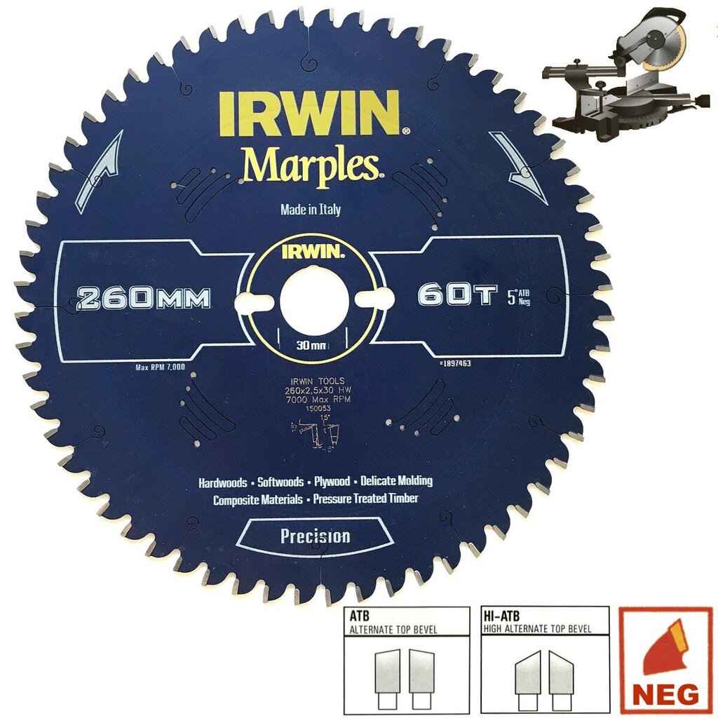 Pjovimo diskas Irwin Marples 250x30Px60T 2.5 mm ATB/N цена и информация | Mechaniniai įrankiai | pigu.lt