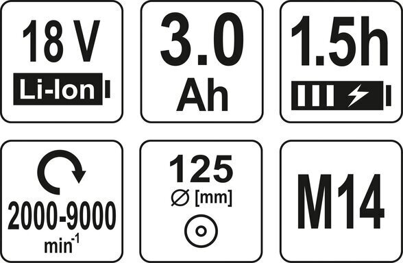 Kampinis šlifuoklis akumuliatorinis (bešepetėlinis) 18V 3 Ah Li-Ion, d-125mm Yato (YT-82829) kaina ir informacija | Šlifuokliai | pigu.lt