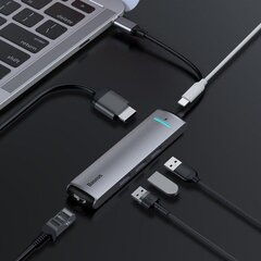 Приставка для MacBook Baseus CAHUB-J0G 6в1 / 1 x HDMI / 3 x USB 3.0 / USB-C / RJ45 / PD цена и информация | Адаптеры, USB-разветвители | pigu.lt