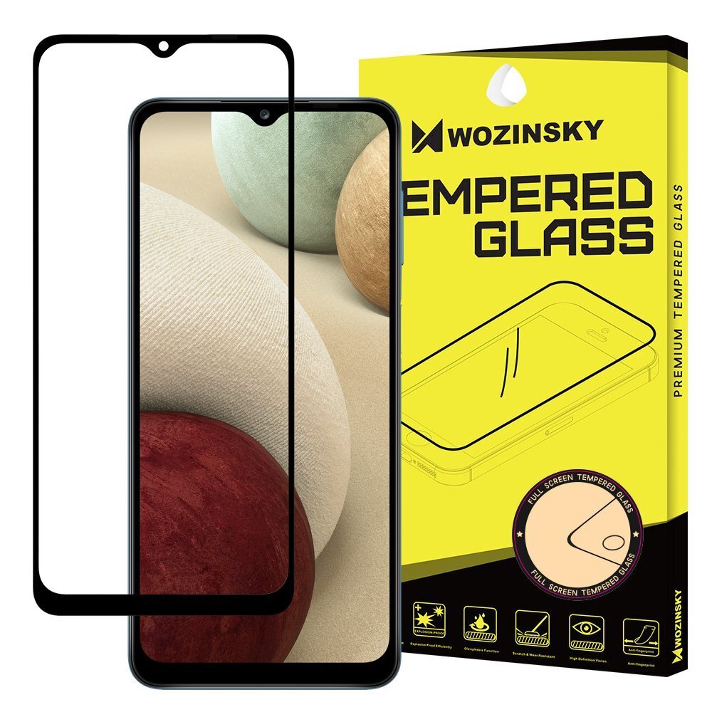 Wozinsky Tempered Glass Full Glue Super Tough Screen Protector Full Coveraged with Frame Case Friendly for Samsung Galaxy A12 black цена и информация | Apsauginės plėvelės telefonams | pigu.lt