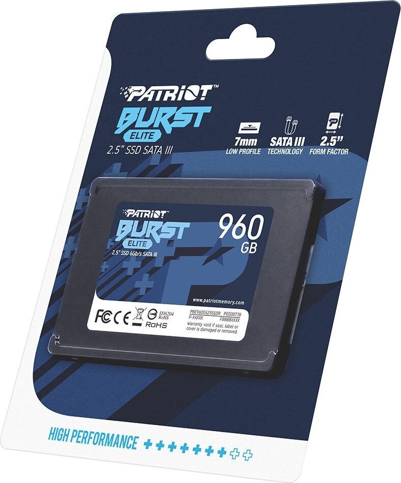 SSD diskas|PATRIOT|Burst Elite|960 GB|SATA 3.0|3D NAND|Įrašymo sparta 320 MB/sec|skaitymo sparta 450 MB/sec|2,5"|TBW 400 TB|PBE960GS25SSDR kaina ir informacija | Vidiniai kietieji diskai (HDD, SSD, Hybrid) | pigu.lt