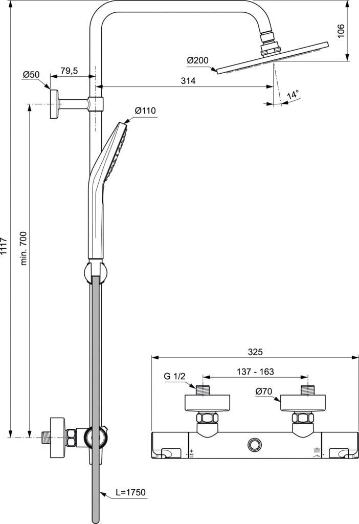 Termostatinė dušo sistema Ideal Standard Ceratherm T50 su Ceratherm T50 maišytuvu, metaline dušo galva Ø200 mm ir Idealrain Evo rankine dušo galva, A7225AA kaina ir informacija | Dušo komplektai ir panelės | pigu.lt