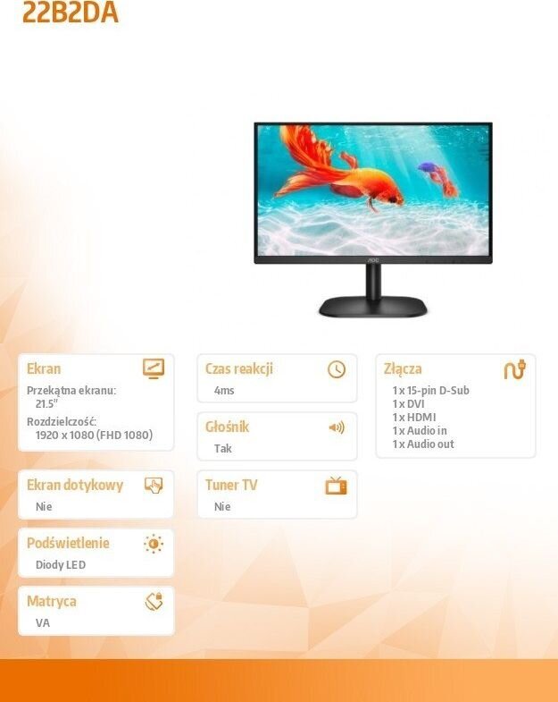 LCD Monitor|AOC|22B2DA|21.5"|Business|Panel VA|1920x1080|16:9|75Hz|4 ms|Speakers|Tilt|Colour Black|22B2DA kaina ir informacija | Monitoriai | pigu.lt