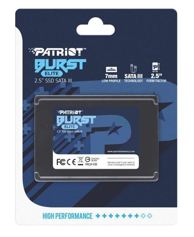 SSD diskas|PATRIOT|Burst Elite|240 GB|SATA 3.0|3D NAND|Įrašymo sparta 320 MB/sec|skaitymo sparta 450 MB/sec|2,5"|TBW 100 TB|PBE240GS25SSDR цена и информация | Vidiniai kietieji diskai (HDD, SSD, Hybrid) | pigu.lt