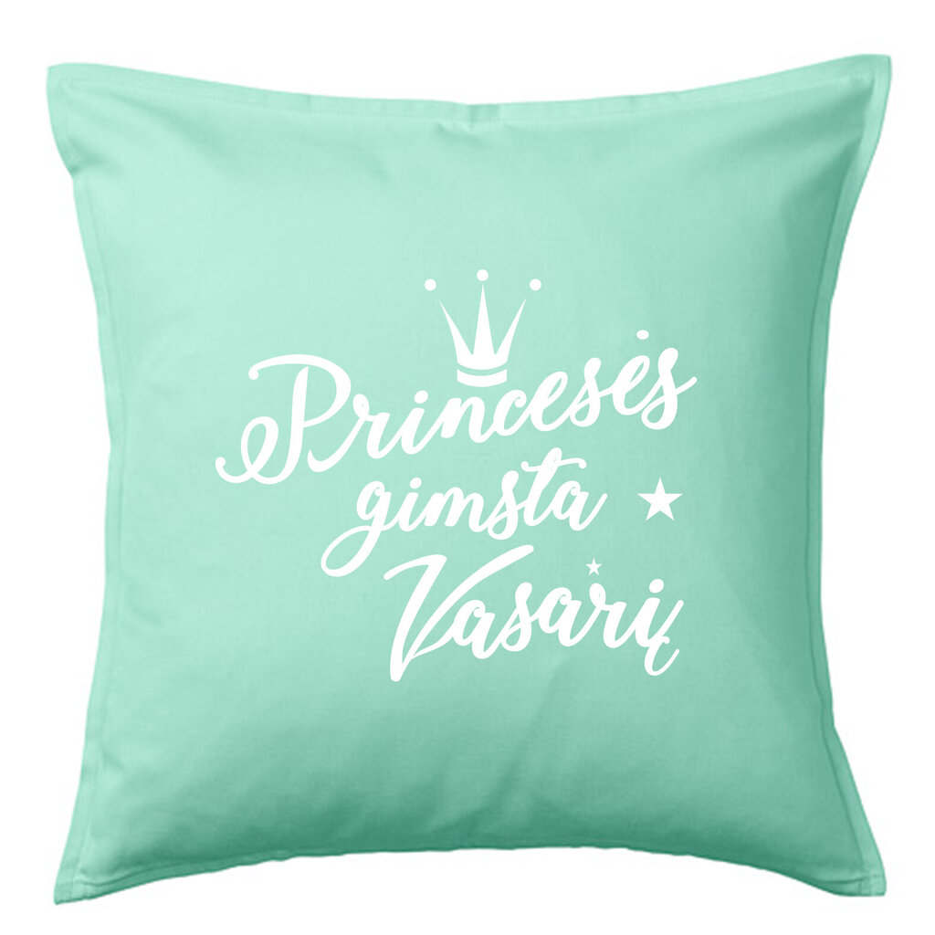 Dekoratyvinė pagalvė „Princesės gimsta vasarį“, turkio mėlyna. kaina ir informacija | Dekoratyvinės pagalvėlės ir užvalkalai | pigu.lt