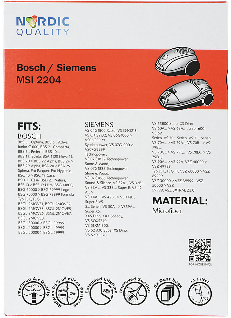 Nordic Quality 2204 kaina ir informacija | Dulkių siurblių priedai | pigu.lt