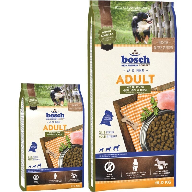 Bosch Petfood Adult Poultry & Millet (High Premium) sausas maistas šunims 15 kg +3 kg. цена и информация | Sausas maistas šunims | pigu.lt