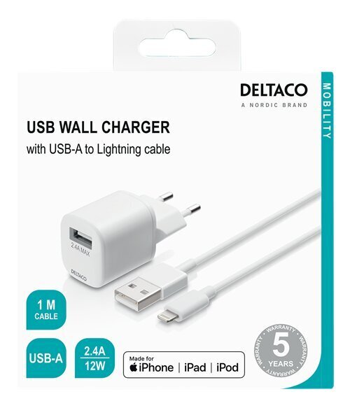 Deltaco USB-AC181, USB-A, 2.4 A su 1 m USB-A Lightning kabeliu kaina ir informacija | Krovikliai telefonams | pigu.lt