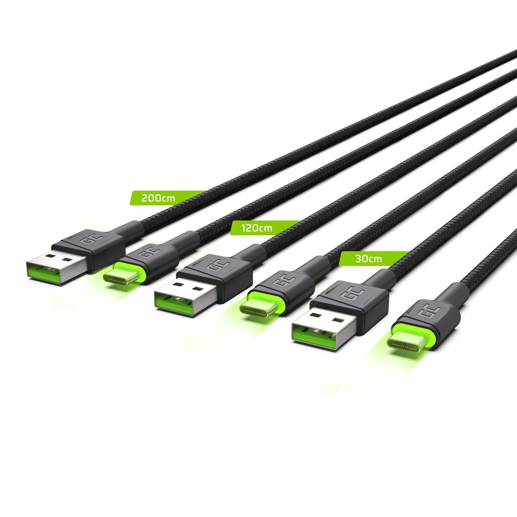 Green Cell USB-C kabelių komplektas 3x QC 3.0 0.3 m 1.2 m 2 m kaina ir informacija | Laidai telefonams | pigu.lt