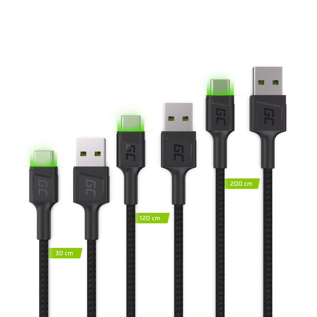 Green Cell USB-C kabelių komplektas 3x QC 3.0 0.3 m 1.2 m 2 m kaina ir informacija | Laidai telefonams | pigu.lt