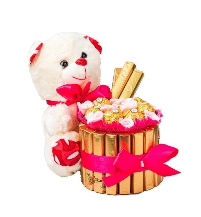 Meškutė - puokštė iš saldainių Skanios gėlės, 710 g kaina ir informacija | Saldumynai | pigu.lt