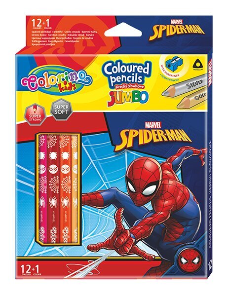 Spalvoti pieštukai su drožtuku Colorino Marvel Spider-Man Jumbo, 12 vnt./13 spalvų kaina ir informacija | Piešimo, tapybos, lipdymo reikmenys | pigu.lt