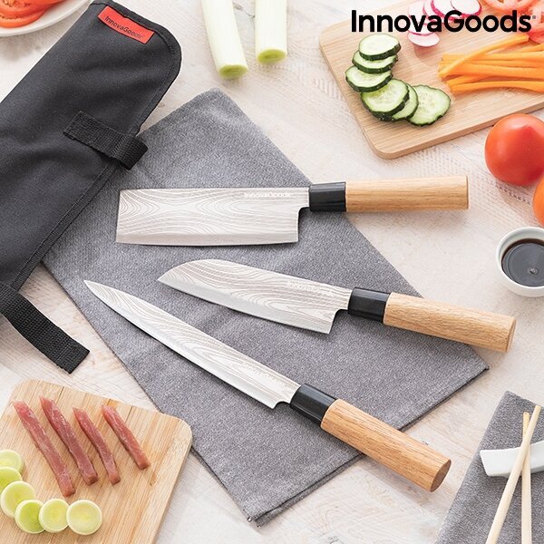 InnovaGoods Damas·Q japoniškų peilių rinkinys su profesionalia nešiojimo dėže, 3 vnt kaina ir informacija | Peiliai ir jų priedai | pigu.lt