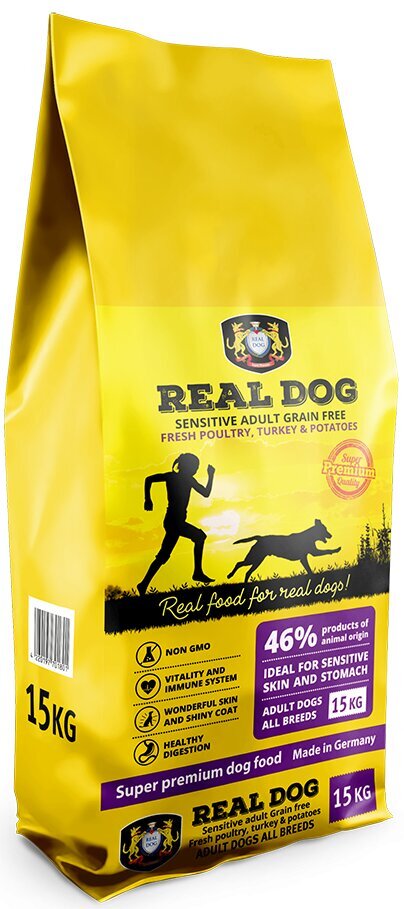 Real Dog Adult Sensitive su Šviežia Vištiena be grūdų, be glitimo ir be pieno produktų 15kg kaina ir informacija | Sausas maistas šunims | pigu.lt