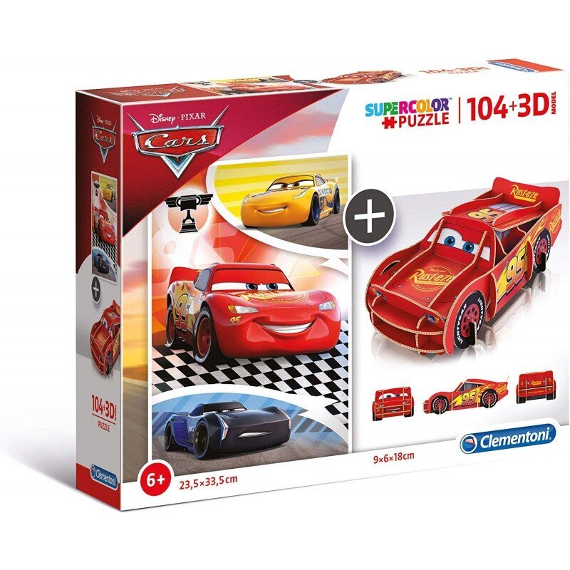 Dėlionė Clementoni Cars (Žaibas Makvynas), 104 d. + 3D modelis kaina ir informacija | Dėlionės (puzzle) | pigu.lt