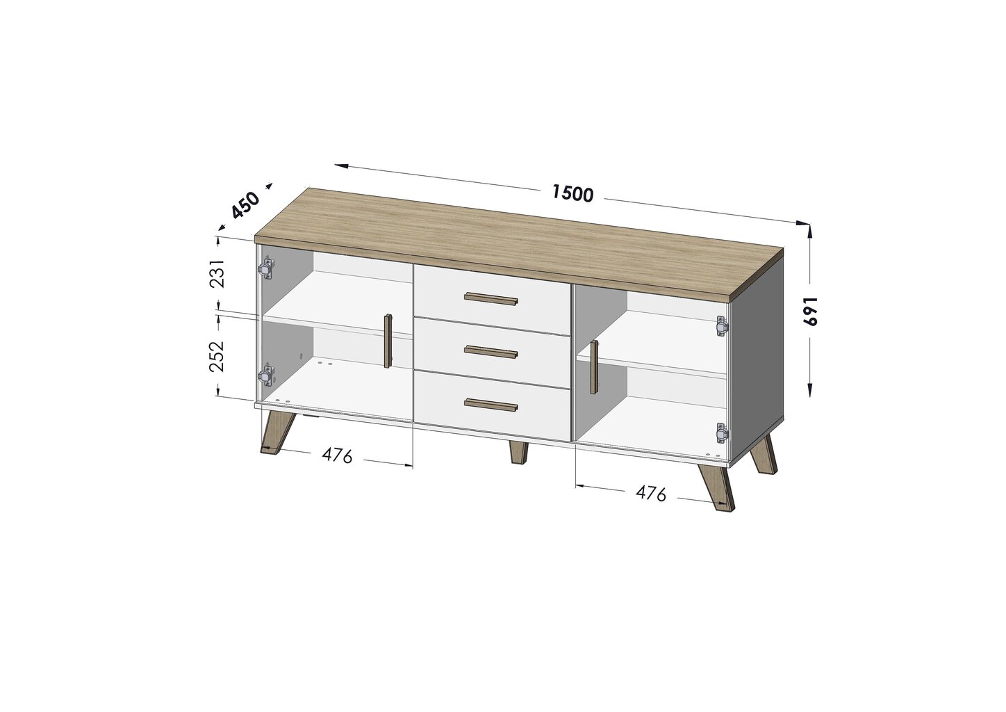 Komoda Cama Meble Lotta 150 2D3S, balta/ąžuolo spalvos kaina ir informacija | Komodos | pigu.lt