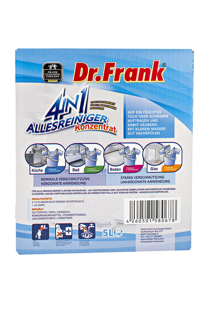 Universali koncentruota grindų ir paviršių valymo priemonė Dr. Frank 4 in1 (5 l) kaina ir informacija | Valikliai | pigu.lt