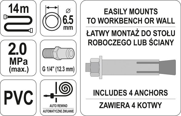 Automatinė oro žarnos ritė 1/4'' Yato (YT-24243) kaina ir informacija | Mechaniniai įrankiai | pigu.lt