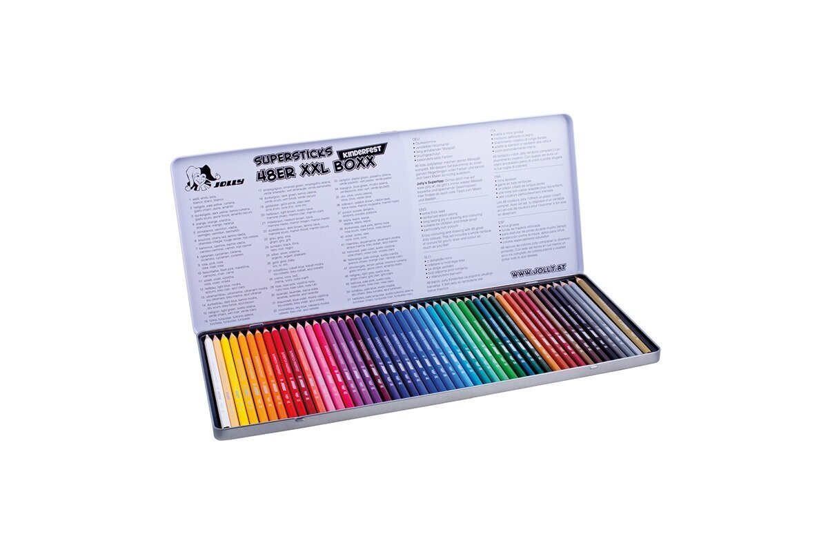 Spalvoti pieštukai metalinėje dėžutėje Jolly Kinderfest XXL Superheroes, 48 spalvos цена и информация | Piešimo, tapybos, lipdymo reikmenys | pigu.lt