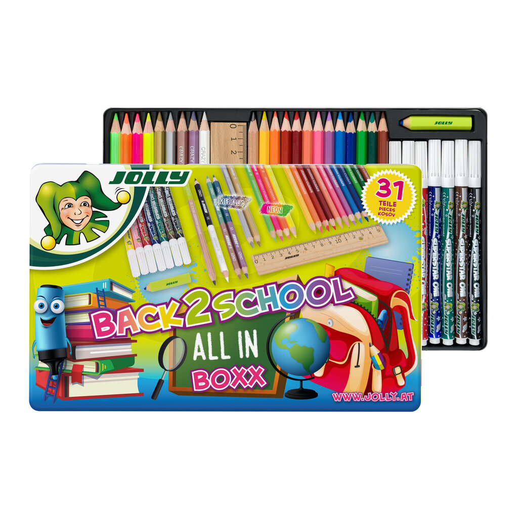 Rinkinys mokyklai Back2School All in Box, Jolly, 31 vnt. kaina ir informacija | Piešimo, tapybos, lipdymo reikmenys | pigu.lt