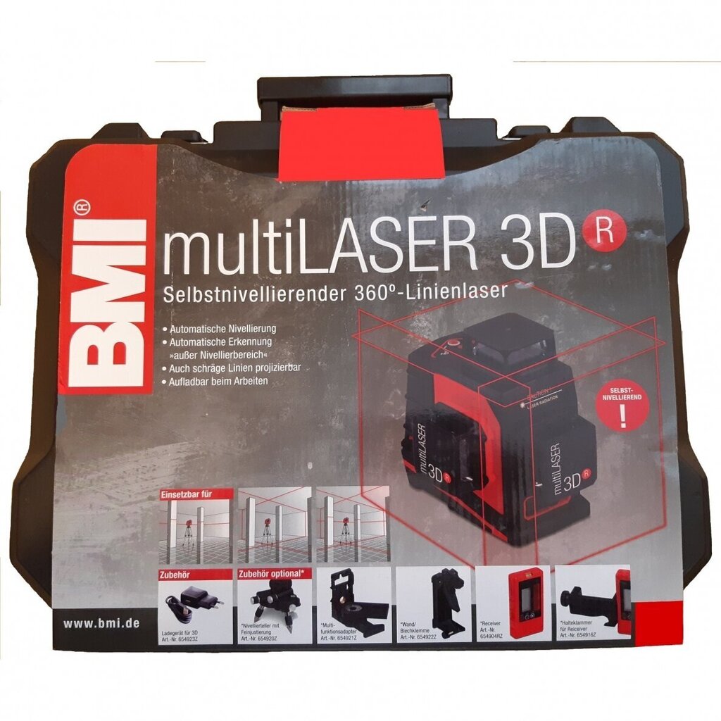 360° linijinis lazerinis nivelyras BMI multi laser 3D, raudonas spidulys (komplektas su imtuvu) цена и информация | Mechaniniai įrankiai | pigu.lt