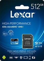 MEMORY MICRO SDXC 512GB UHS-I/W/ADAPTER LSDMI512BB633A LEXAR цена и информация | Карты памяти для фотоаппаратов, камер | pigu.lt