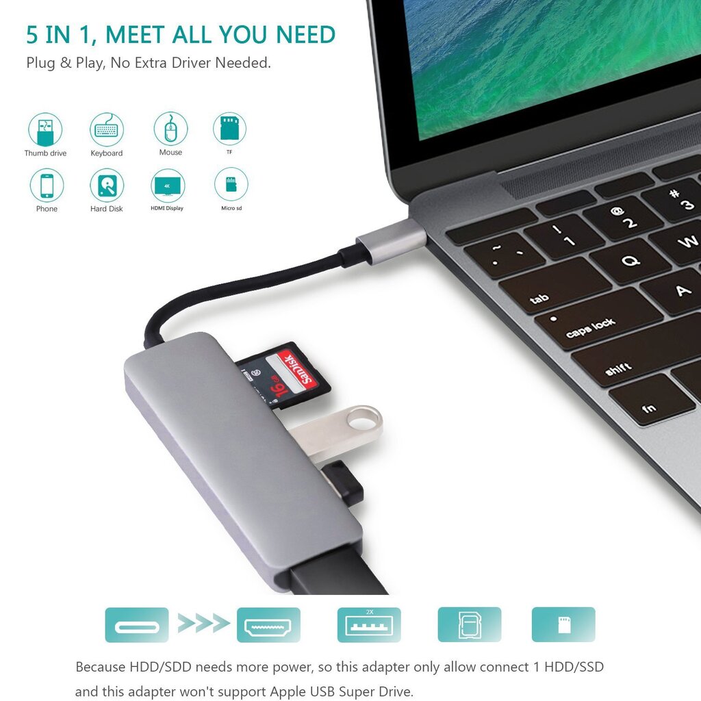 RoGer USB-C Hub 5in1 USB 3.0 x2 / HDMI / SD card reader / TF card reader kaina ir informacija | Adapteriai, USB šakotuvai | pigu.lt