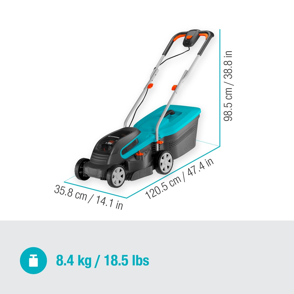 Akumuliatorinė vejapjovė Gardena PowerMax 32/36V P4A, be akumuliatoriaus ir įkroviklio kaina ir informacija | Vejapjovės, žoliapjovės | pigu.lt